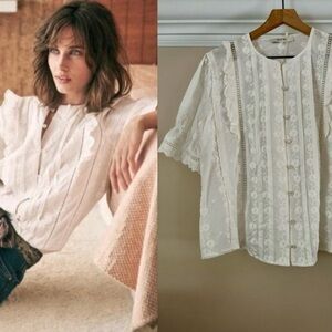Simple Retro Lace and Floral Embroidered Button-Up Blouse | White | L